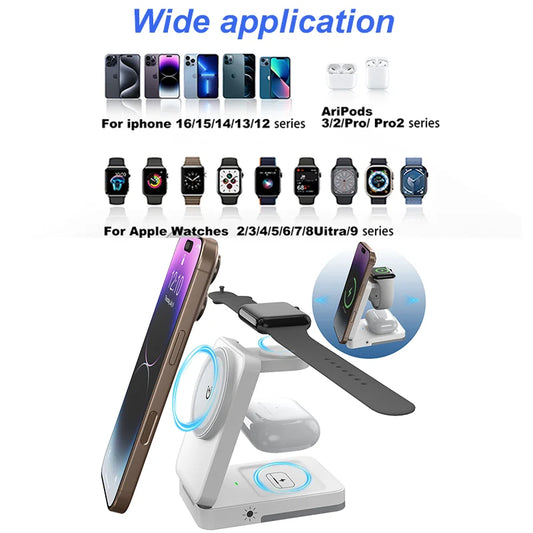 3 in 1 Charging Station - Foldable Wireless Charger Stand for Mag-Safe Portable, Travel Wireless Charger Station for Multiple De