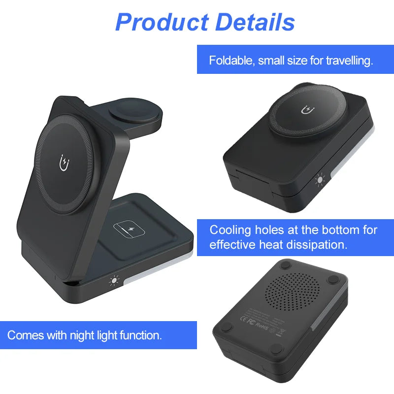 3 in 1 Charging Station - Foldable Wireless Charger Stand for Mag-Safe Portable, Travel Wireless Charger Station for Multiple De
