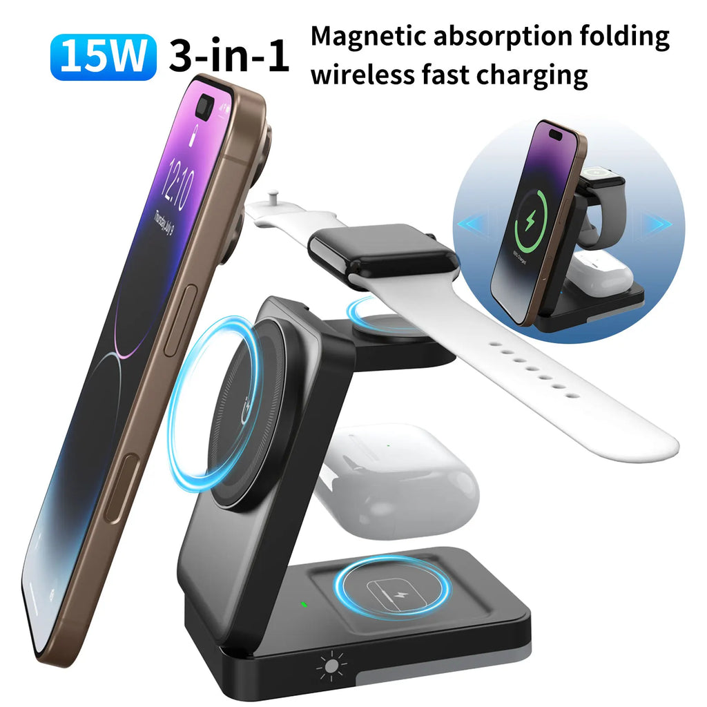 3 in 1 Charging Station - Foldable Wireless Charger Stand for Mag-Safe Portable, Travel Wireless Charger Station for Multiple De