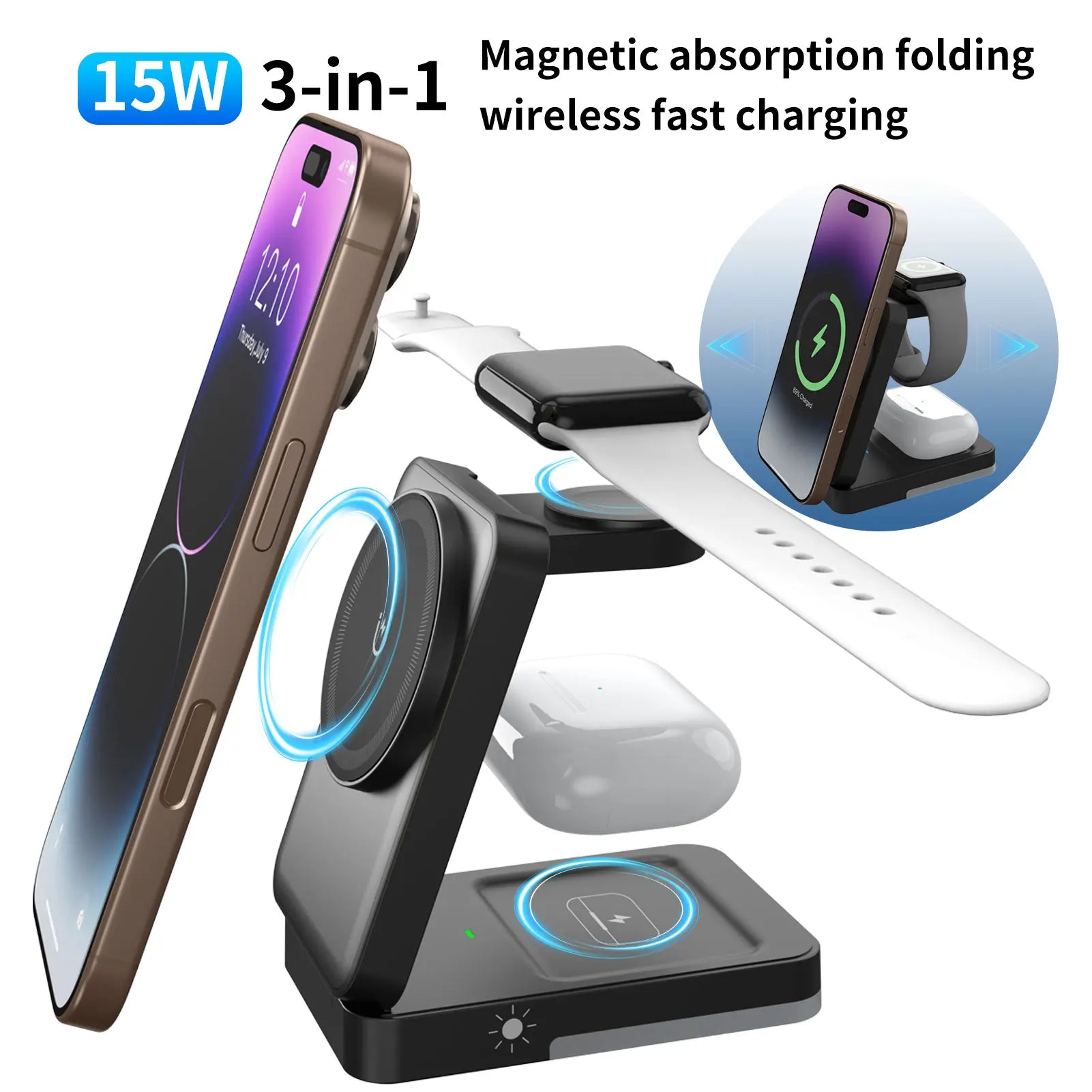 3 in 1 Charging Station - Foldable Wireless Charger Stand for Mag-Safe Portable, Travel Wireless Charger Station for Multiple De