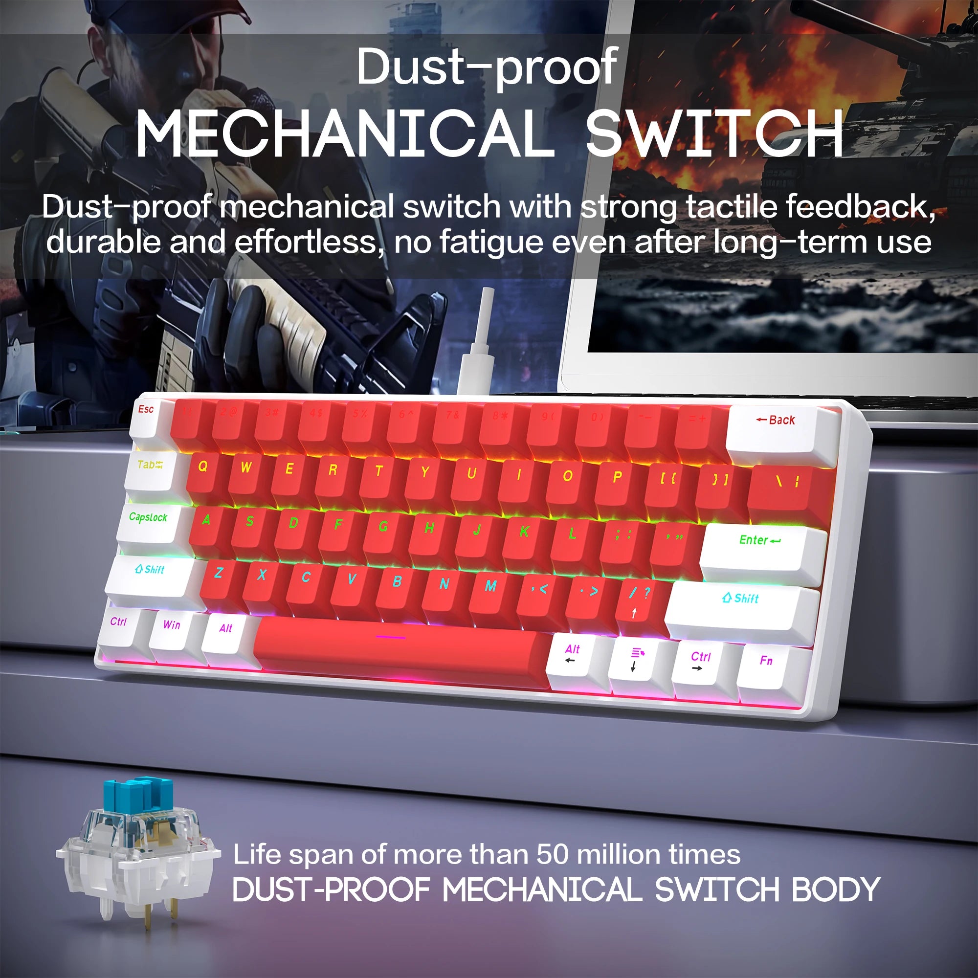 Tastiera meccanica da gioco RGB con design compatto per PC portatile Tastiera da ufficio 61 cablata con ergonomico