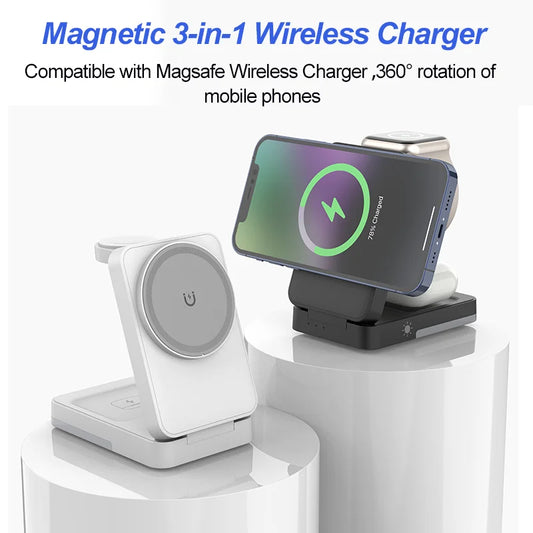 3 in 1 Charging Station - Foldable Wireless Charger Stand for Mag-Safe Portable, Travel Wireless Charger Station for Multiple De